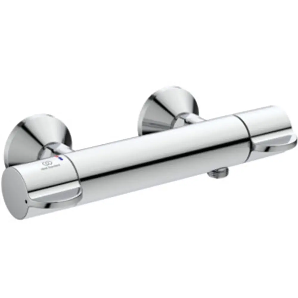 Brausethermostat in Chromausführung von Ideal Standard, mit zwei Steuergriffen und runder Wandmontage, geeignet für die Regelung von Wassertemperaturen.